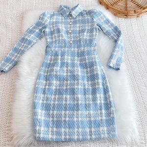 Ivy City Tweed Claudia Dress Light Blue White Long Sleeves Faux Pearl Buttons
